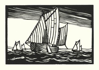 Fiskerbåde og pramme: Brighton Hoggies (træsnit) af Cyril A. Wilkinson