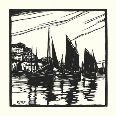 Fiskerbåde og pramme: Cornish Drifters, Looe (træsnit) af Cyril A. Wilkinson