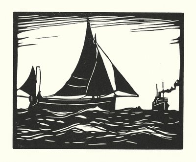 Fiskerbåde og pramme: Plymouth Hooker (træsnit) af Cyril A. Wilkinson
