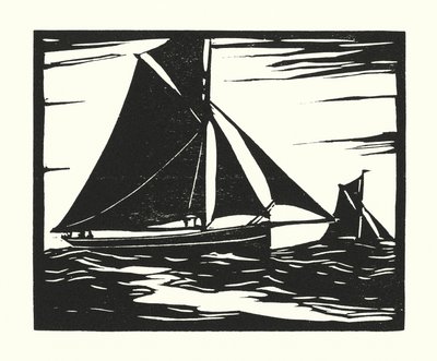 Fiskerbåde og pramme: Plymouth Long Boomer (træsnit) af Cyril A. Wilkinson