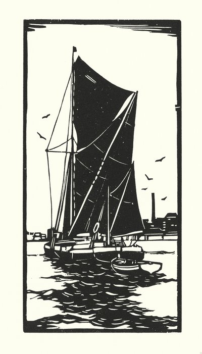 Fiskebåde og pramme: Thames Barge (træsnit) af Cyril A. Wilkinson