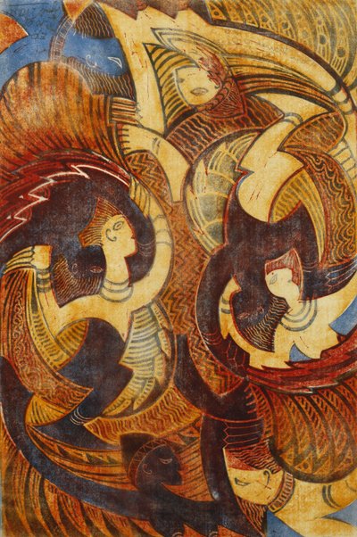 Ilddans, ca. 1931 (linosnit trykt i farver på tyndt Japan) af Cyril Edward Power
