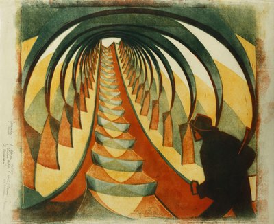Rulletrappen, ca. 1929 (linosnit trykt i farver på tyndt Japan) af Cyril Edward Power