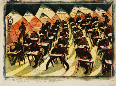 Eksamenslokalet, ca. 1934 (linosnit trykt i farver på tyndt Japan) af Cyril Edward Power