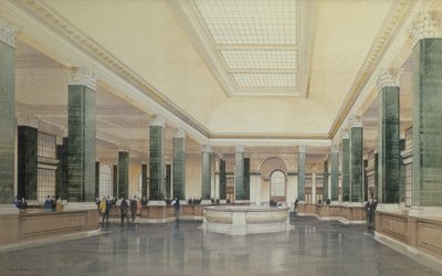 Interiør i stueetagen af Midland Bank, London af Cyril Farey