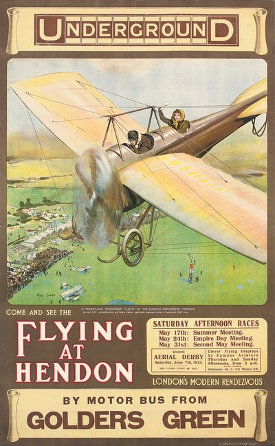 "Flying at Hendon", en reklameplakat, 1914 af Cyrus Cuneo
