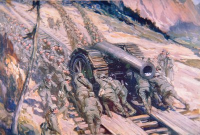 Italienere slæber artilleri op ad et bjerg (farve litho) af Cyrus Cuneo