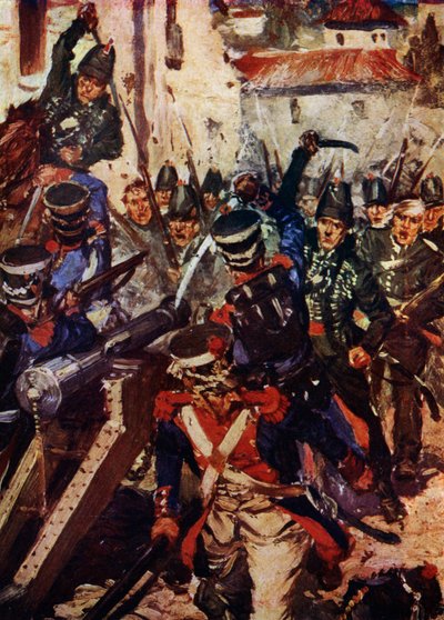 Riflebrigaden rydder en landsby (farve litho) af Cyrus Cuneo