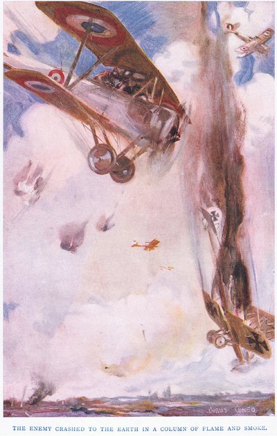Fjenden styrtede ned til jorden i en røgsøjle (farve litho) af Cyrus Cuneo