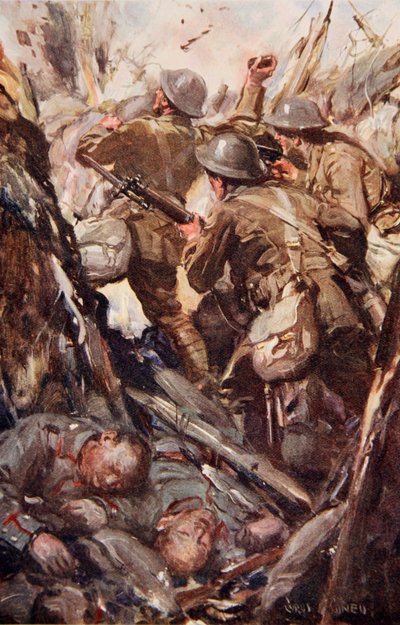 "De bombede og bajonetterede sig vej op gennem den fjendtlige skyttegrav", illustration fra "Told in the Huts: The YMCA Gift Book", udgivet i 1916 af Cyrus Cuneo
