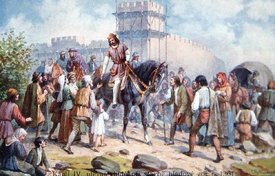 Charles IV hilste på almindelige mennesker under hans udvidelse af Prags befæstninger i 1361, postkort fra begyndelsen af det tyvende århundrede (farve litho) af Czech School