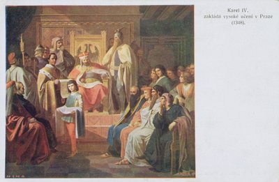 Grundlæggelse af det tyske universitet i Prag af Charles IV i 1348, postkort fra begyndelsen af det tyvende århundrede af Czech School