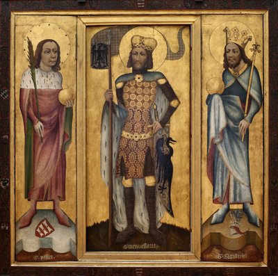 Muhlhausen altertavle (eller Prag altertavle). Åben altertavle, med de tre hovedhelgener i Böhme: Saint Vitus (Saint Guy), med en palme og en globus, Saint Wenceslas (eller Wenceslas, hertug af Böhme, ca. 907-929) med en maskestørrelse og en indretning af Czech School