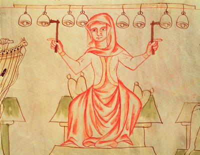 Mx XXIII C.124 Musiker, der spiller klokker, fra Velislav-bibelen, ca. 1340 af Czech School