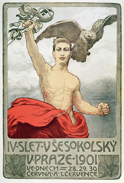 Plakat, der reklamerer for den 4. forsamling i Sokols i Prag i 1901 af Czech School