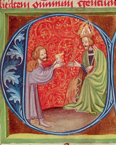 Forfatteren tilbyder sin bog til Charles IV (1316-78) af Bøhmen, fra Opus Ruralium Commodorum af Pietro de Crescenzi (1230-1321) af Czech School
