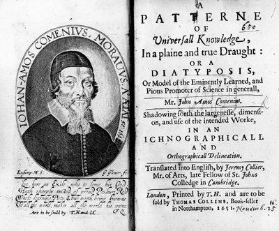 Titelblad og frontispice til A Pattern of Universal Knowledge, inklusive et portræt af Jan Amos Komensky, indgraveret af George Glover, 1651 af Czech School