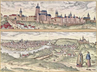 Udsigt over Prag, der viser (ovenfor) det kejserlige palads (Hradschin) og (under) Vltava-floden, der adskiller de gamle og moderne dele af byen (gravering) af Czech School