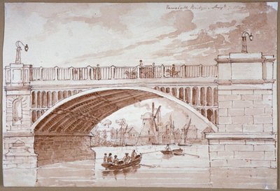 Udsigt over en lille båd, der passerer under Vauxhall Bridge, London, 1820. af DHC