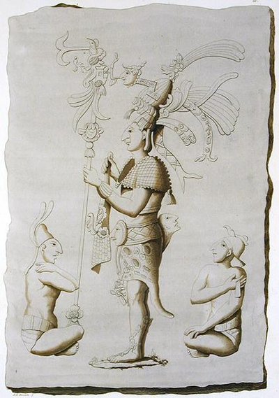 En konge, skulptur fra paladset, Palenque, Chiapas, Mexico (farvegravering) af D.K. (after) Bonatti