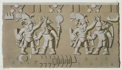 Basrelief af gamle aztekiske krigere, fra Tizoc-stenen til minde om en hersker, der holder sine fanger i hovedet af D.K. Bonatti
