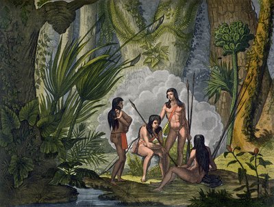 Camacani stammefolk i skov i Amazonasjunglen, Brasilien, fra "Le Costume Ancien et Moderne", bind I, plade 53, af Jules Ferrario, udgivet omkring 1820-30