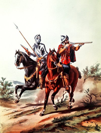 Fransk kavaleri bevæbnet med hjullåsepistoler (farve litho) af D. de (after) Noirmort