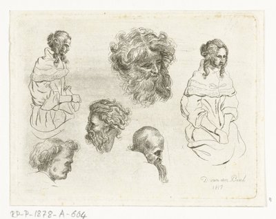 Studieark med hoveder og kvindekroppe af D. van den Bosch