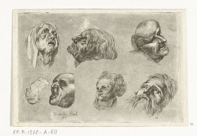 Studieark med syv hoveder i to rækker af D. van den Bosch