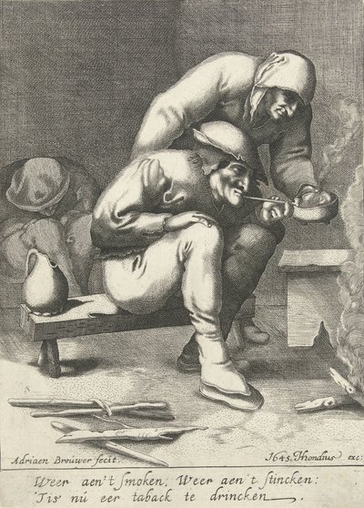 Rygende mand med en kvinde bag sig af D. van den Bremden