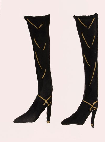 Black Boots, 2017 (sort india-blæk med guldfarvet filtpen på papir) af Daisy de Villeneuve
