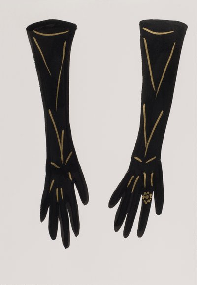Black Gloves, 2017 (sort india-blæk med guldfarvet filtpen på papir) af Daisy de Villeneuve