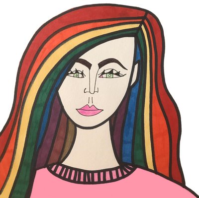 Regnbuehåret pige (tusch på papir) af Daisy de Villeneuve
