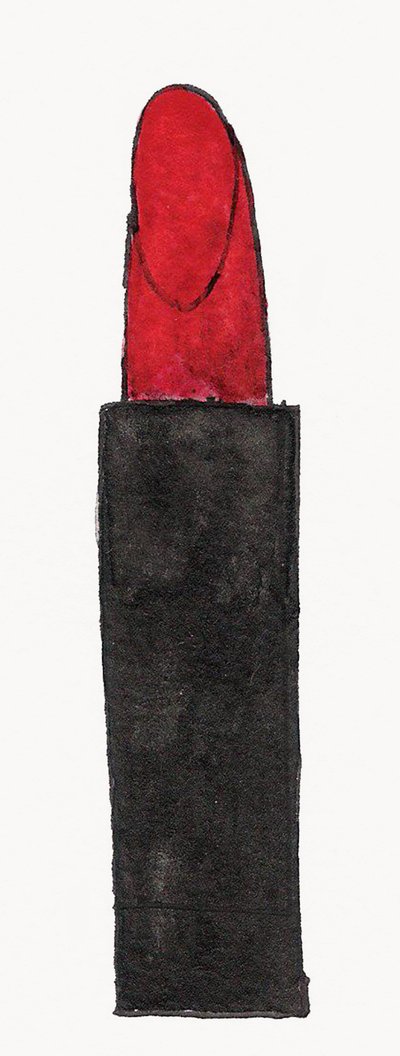 Red Lipstick, 2017 (rødt og sort india-blæk med guldfarvet filtpen på papir) af Daisy de Villeneuve