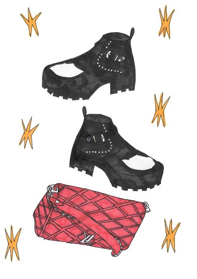 Redbag  boots, 2016 (tusch på papir) af Daisy de Villeneuve