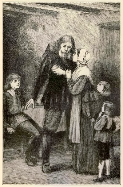 Christian betror sig til sin kone fra The Pilgrims Progress From This World, To That What Is To Come af John Bunyan (1628-1688) illustration af Thomas Dalziel (1823-1906) Christian med den tunge byrde af Dalziel Brothers