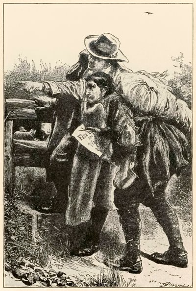 Evangelist viser vejen fra The Pilgrims Progress From This World, To That Who Is To Come af John Bunyan (1628-1688) illustration af Thomas Dalziel (1823-1906) Evangelist viser Christian the wa af Dalziel Brothers