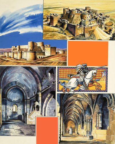 Slottet Le Krak Des Chevaliers i Syrien (gouache på papir) af Dan Escott