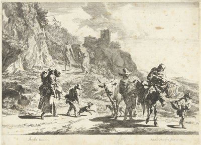 Kvinde på et pakket æsel, mand med ko og andre rejsende i bjerglandskab Southern Landscapes (serietitel) af Dancker Danckerts