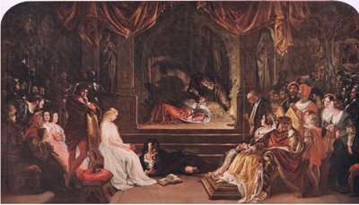 Hamlet og spillerne (Hamlet) "Han forgifter ham i haven for staten", fra The Complete Works of William Shakespeare pub.af J Coker & Co Ltd (farve litho) af Daniel Maclise