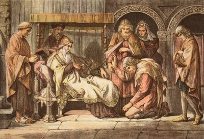 Harold, der vender tilbage fra Normandiet, præsenterer sig for Edvard Bekenderen, indgraveret af JD Cooper (farvet indgravering) af Daniel Maclise