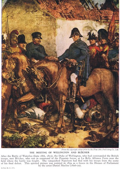 Mødet med Wellington og Blucher, c.1940s (Color Litho) af Daniel Maclise