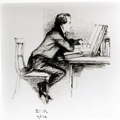 Portræt af Charles Lamb (1775-1834) (pen og blæk på papir) (s/h foto) af Daniel Maclise
