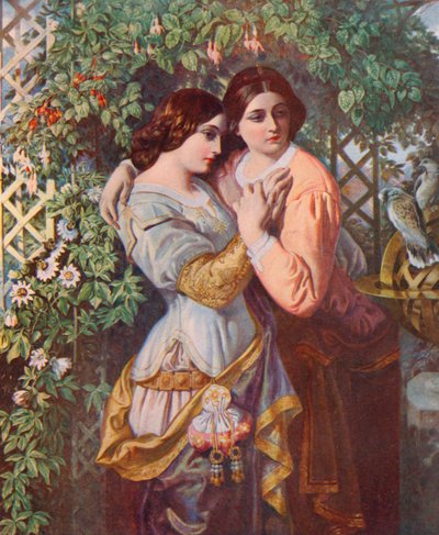 Shakespeare: Celia og Rosalind, As You Like It, Act I, Scene 3 (farve litho) af Daniel (after) Maclise
