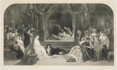 The Play Scene, Act III, Scene II of Hamlet af William Shakespeare, indgraveret af Charles W. Sharpe (litho) af Daniel (after) Maclise