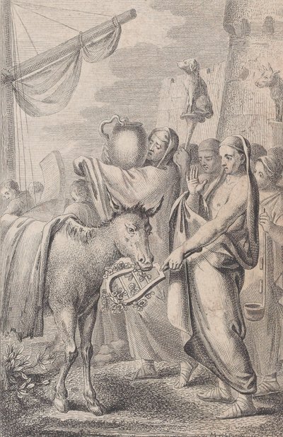 Figurer til højre nær et skib, nogle holder dyr op over hovedet, en hest til venstre, 1783 af Daniel Berger