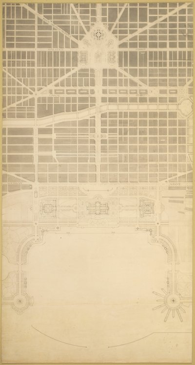 Plade 129 fra planen for Chicago, 1909: Chicago. Forretningscentret i byen inden for ... af Daniel Burnham