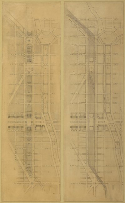 Plade 79 2 Tegninger fra The Plan of Chicago, 1909: Foreslået placering og arrangement af... af Daniel Burnham