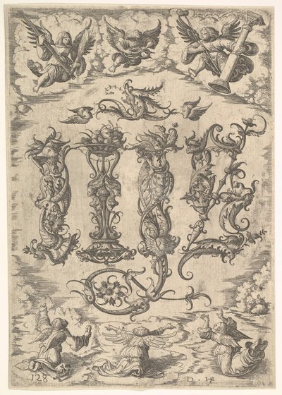 IHS Monogram omgivet af Six Angels, ca. 1485-1536. af Daniel Hopfer
