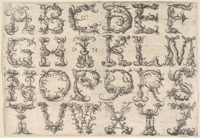 Ornamenteret romersk majuscule-alfabet, ca. 1520. af Daniel Hopfer